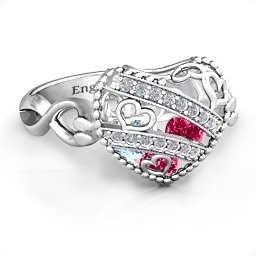 Caged Hearts Ring with 2-6 Stones in 925 Sterling Silver with Ruby, Aquamarine, Citrine, Smokey Quartz, and Pink Tourmaline