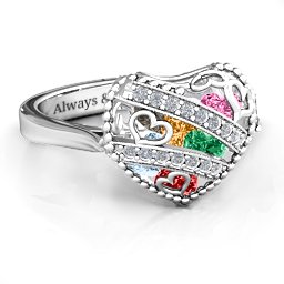Caged Hearts Ring with 2-6 Stones in 925 Sterling Silver with Garnet, Emerald, Aquamarine, Citrine, Smokey Quartz, and Pink Tourmaline