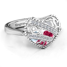 Caged Hearts Ring with 2-6 Stones in 925 Sterling Silver with Ruby, Aquamarine, Citrine, Smokey Quartz, and Pink Tourmaline