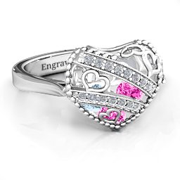 Caged Hearts Ring with 2-6 Stones in 925 Sterling Silver with Pink Tourmaline, Aquamarine, Citrine, and Smokey Quartz
