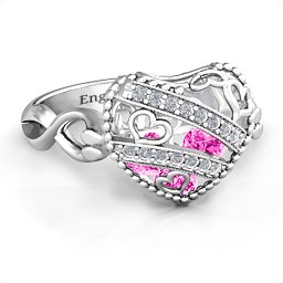 Caged Hearts Ring with 2-6 Stones in 925 Sterling Silver with Pink Tourmaline, Citrine, and Smokey Quartz