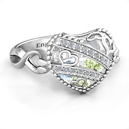 Caged Hearts Ring with 2-6 Stones in 925 Sterling Silver with Peridot, Aquamarine, Citrine, Smokey Quartz, and Pink Tourmaline