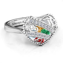 Caged Hearts Ring with 2-6 Stones in 925 Sterling Silver with Garnet, Emerald, Aquamarine, Citrine, Smokey Quartz, and Pink Tourmaline