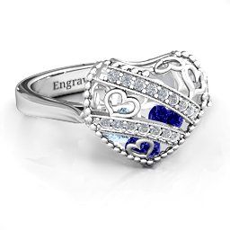 Caged Hearts Ring with 2-6 Stones in 925 Sterling Silver with Blue Sapphire, Aquamarine, Citrine, Smokey Quartz, and Pink Tourmaline