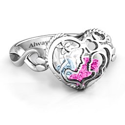 Caged Hearts Ring with 2-6 Stones in 925 Sterling Silver with Pink Tourmaline, Aquamarine, Citrine, and Smokey Quartz