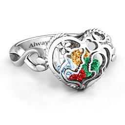 Caged Hearts Ring with 2-6 Stones in 925 Sterling Silver with Garnet, Emerald, Aquamarine, Citrine, Smokey Quartz, and Pink Tourmaline