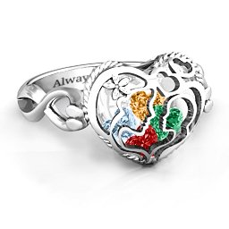 Caged Hearts Ring with 2-6 Stones in 925 Sterling Silver with Garnet, Emerald, Aquamarine, Citrine, Smokey Quartz, and Pink Tourmaline