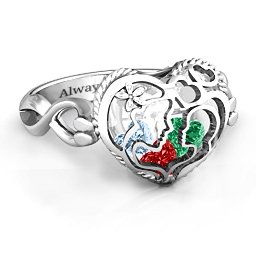 Caged Hearts Ring with 2-6 Stones in 925 Sterling Silver with Garnet, Emerald, Aquamarine, Citrine, Smokey Quartz, and Pink Tourmaline