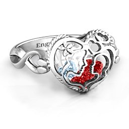 Caged Hearts Ring with 2-6 Stones in 925 Sterling Silver with Garnet, Aquamarine, Citrine, Smokey Quartz, and Pink Tourmaline