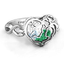 Caged Hearts Ring with 2-6 Stones in 925 Sterling Silver with Emerald, Aquamarine, Citrine, Smokey Quartz, and Pink Tourmaline