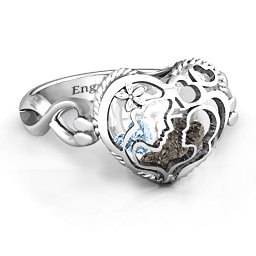 Caged Hearts Ring with 2-6 Stones in 925 Sterling Silver with Smokey Quartz, Aquamarine, Citrine, and Pink Tourmaline