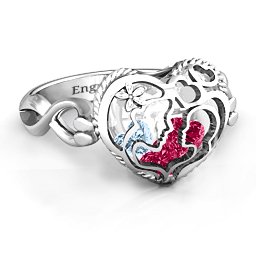 Caged Hearts Ring with 2-6 Stones in 925 Sterling Silver with Ruby, Aquamarine, Citrine, Smokey Quartz, and Pink Tourmaline