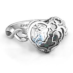 Caged Hearts Ring with 2-6 Stones in 925 Sterling Silver with Alexandrite, Aquamarine, Citrine, Smokey Quartz, and Pink Tourmaline