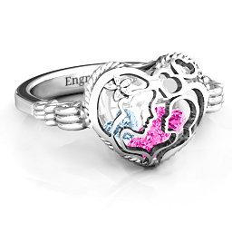 Caged Hearts Ring with 2-6 Stones in 925 Sterling Silver with Pink Tourmaline, Aquamarine, Citrine, and Smokey Quartz