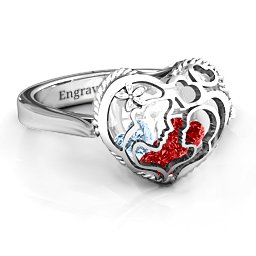 Caged Hearts Ring with 2-6 Stones in 925 Sterling Silver with Garnet, Aquamarine, Citrine, Smokey Quartz, and Pink Tourmaline