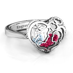Caged Hearts Ring with 2-6 Stones in 925 Sterling Silver with Ruby, Aquamarine, Citrine, Smokey Quartz, and Pink Tourmaline