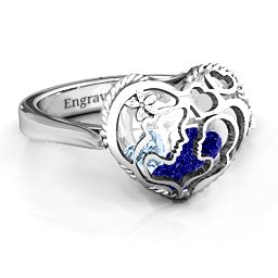 Caged Hearts Ring with 2-6 Stones in 925 Sterling Silver with Blue Sapphire, Aquamarine, Citrine, Smokey Quartz, and Pink Tourmaline