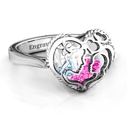 Caged Hearts Ring with 2-6 Stones in 925 Sterling Silver with Pink Tourmaline, Aquamarine, Citrine, and Smokey Quartz