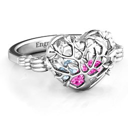 Caged Hearts Ring with 2-6 Stones in 925 Sterling Silver with Pink Tourmaline, Aquamarine, Citrine, and Smokey Quartz