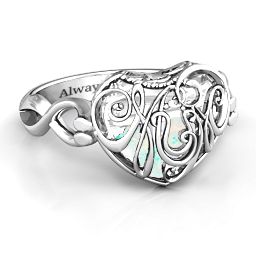 Caged Hearts Ring with 2-6 Stones in 925 Sterling Silver with Opal, Citrine, Smokey Quartz, and Pink Tourmaline