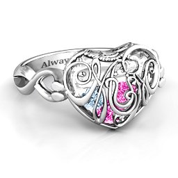 Caged Hearts Ring with 2-6 Stones in 925 Sterling Silver with Pink Tourmaline, Aquamarine, Citrine, and Smokey Quartz