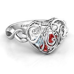 Caged Hearts Ring with 2-6 Stones in 925 Sterling Silver with Garnet, Aquamarine, Citrine, Smokey Quartz, and Pink Tourmaline