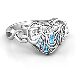Caged Hearts Ring with 2-6 Stones in 925 Sterling Silver with Blue Topaz, Aquamarine, Citrine, Smokey Quartz, and Pink Tourmaline