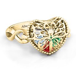Caged Hearts Ring with 2-6 Stones in 10K Solid Yellow Gold with Garnet, Emerald, Aquamarine, Citrine, Smokey Quartz, and Pink Tourmaline