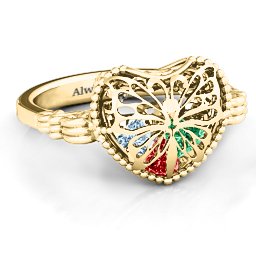 Caged Hearts Ring with 2-6 Stones in 10K Solid Yellow Gold with Garnet, Emerald, Aquamarine, Citrine, Smokey Quartz, and Pink Tourmaline