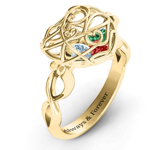 Encased in Love Caged Hearts Ring with Infinity Band – 10K Yellow Gold with Garnet, Emerald, and Aquamarine