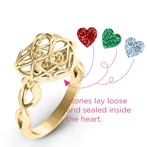 Encased in Love Caged Hearts Ring with Infinity Band – 10K Yellow Gold with Garnet, Emerald, and Aquamarine