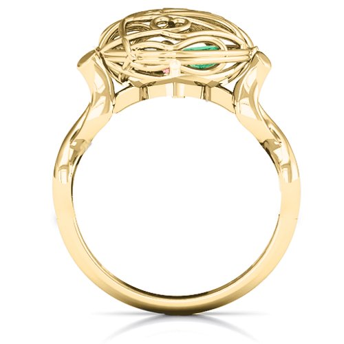 Encased in Love Caged Hearts Ring with Infinity Band – 10K Yellow Gold with Garnet, Emerald, and Aquamarine