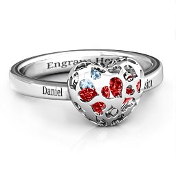 Petite Caged Hearts Ring with 1-3 Stones in 925 Sterling Silver with Garnet, Aquamarine, Citrine, Smokey Quartz, and Pink Tourmaline