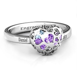 Petite Caged Hearts Ring with 1-3 Stones in 925 Sterling Silver with Amethyst, Aquamarine, Citrine, Smokey Quartz, and Pink Tourmaline