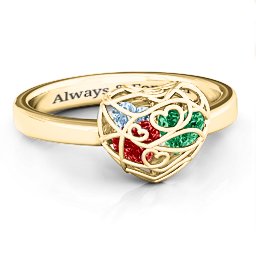 Petite Caged Hearts Ring with 1-3 Stones in 10K Solid Yellow Gold with Garnet, Emerald, Aquamarine, Citrine, Smokey Quartz, and Pink Tourmaline