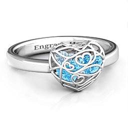 Petite Caged Hearts Ring with 1-3 Stones in 925 Sterling Silver with Blue Topaz, Aquamarine, Citrine, Smokey Quartz, and Pink Tourmaline