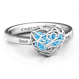 Petite Caged Hearts Ring with 1-3 Stones in 925 Sterling Silver with Blue Topaz, Citrine, Smokey Quartz, and Pink Tourmaline