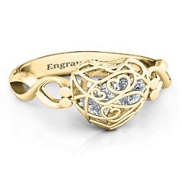 Petite Caged Hearts Ring with 1-3 Stones in 10K Solid Yellow Gold with Cubic Zirconia, Aquamarine, Citrine, Smokey Quartz, and Pink Tourmaline