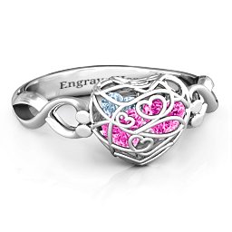 Petite Caged Hearts Ring with 1-3 Stones in 925 Sterling Silver with Pink Tourmaline, Aquamarine, Citrine, and Smokey Quartz