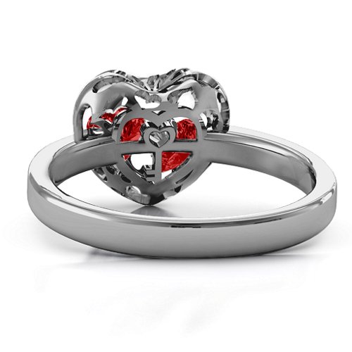 Heart Cut-out Petite Caged Hearts Ring with Classic Band – Sterling Silver with Garnet