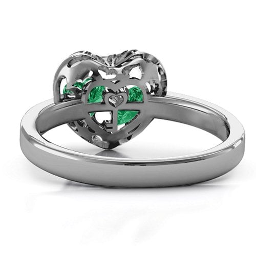 Heart Cut-out Petite Caged Hearts Ring with Classic Band – Sterling Silver with Emerald