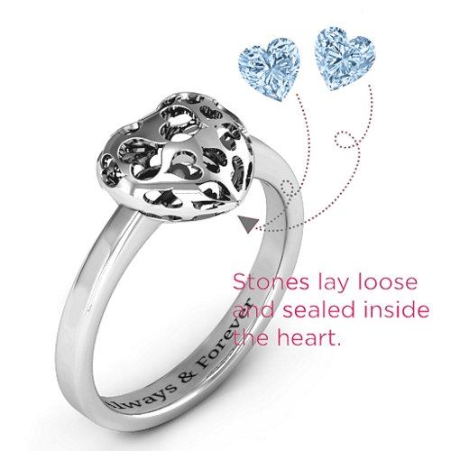 Heart Cut-out Petite Caged Hearts Ring with Classic Band – Sterling Silver with Aquamarine