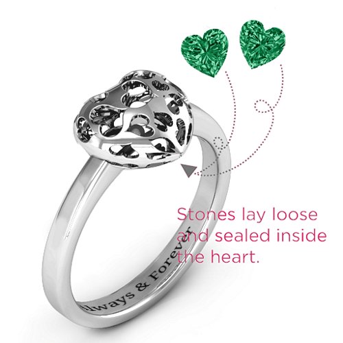 Heart Cut-out Petite Caged Hearts Ring with Classic Band – Sterling Silver with Emerald