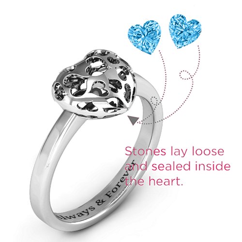 Heart Cut-out Petite Caged Hearts Ring with Classic Band – Sterling Silver with Blue Topaz