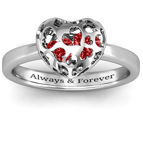 Heart Cut-out Petite Caged Hearts Ring with Classic Band – Sterling Silver with Garnet