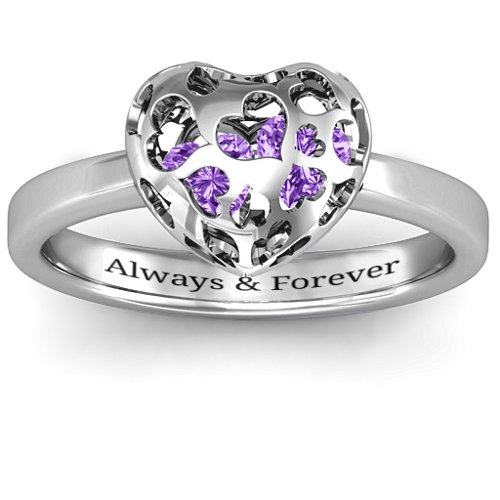 Heart Cut-out Petite Caged Hearts Ring with Classic Band – Sterling Silver with Amethyst