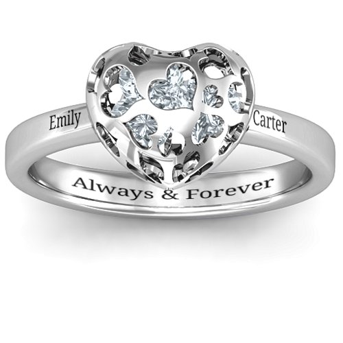 Heart Cut-out Petite Caged Hearts Ring with Classic with Engravings Band