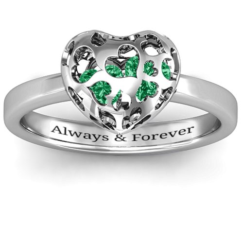 Heart Cut-out Petite Caged Hearts Ring with Classic Band – Sterling Silver with Emerald