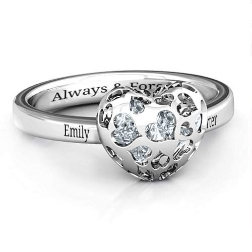 Heart Cut-out Petite Caged Hearts Ring with Classic with Engravings Band