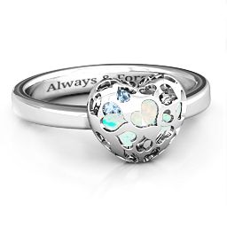 Petite Caged Hearts Ring with 1-3 Stones in 925 Sterling Silver with Opal, Aquamarine, Citrine, Smokey Quartz, and Pink Tourmaline